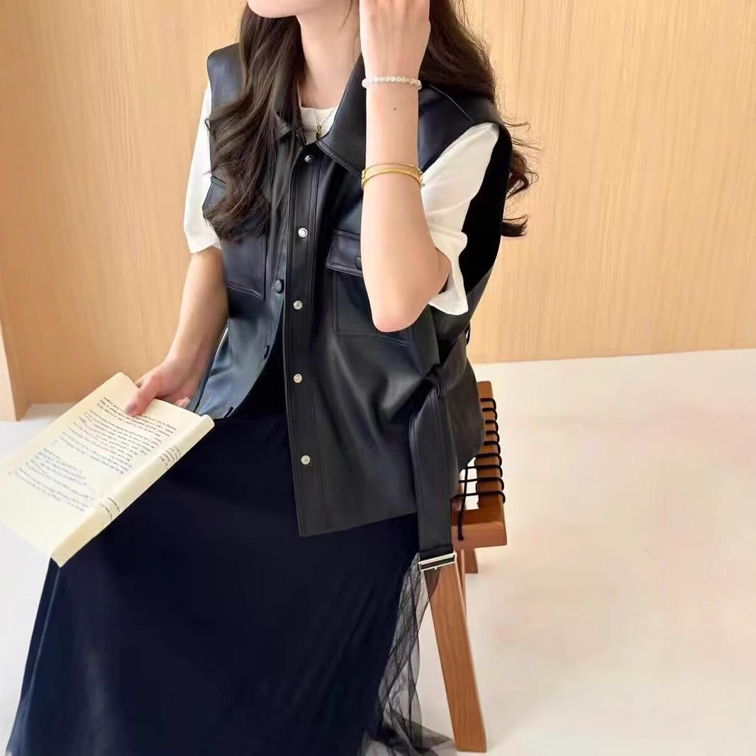 

2025 Женский кожаный мотоциклетный жилет высокого класса в европейском стиле - Без рукавов, приталенный, повседневная уличная одежда для весны/лета Medium чёрный