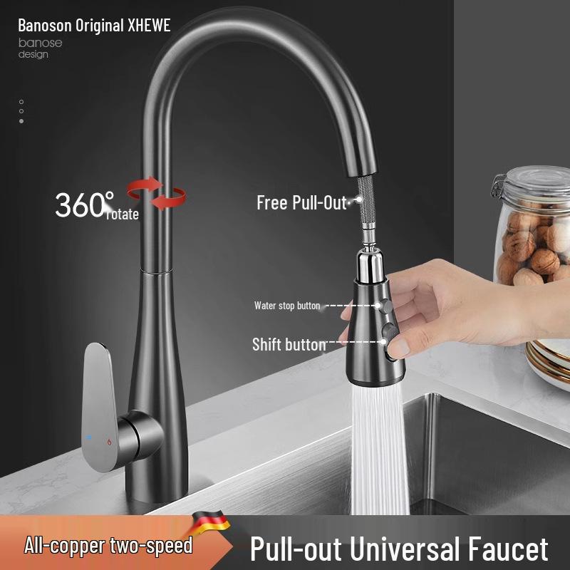 All-Copper Kitchen Pull-Out Faucet with 360° Rotation & Dual-Use Hot/Cold for Vegetable Sink