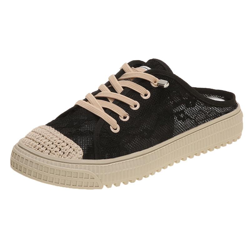 

Модные Баотоу на толстой подошве, соломенные кружевные рыбацкие полушлепанцы для женщин для ношения на улице, лето 2024, корейские ленивые сетчатые сандалии 40 чёрный