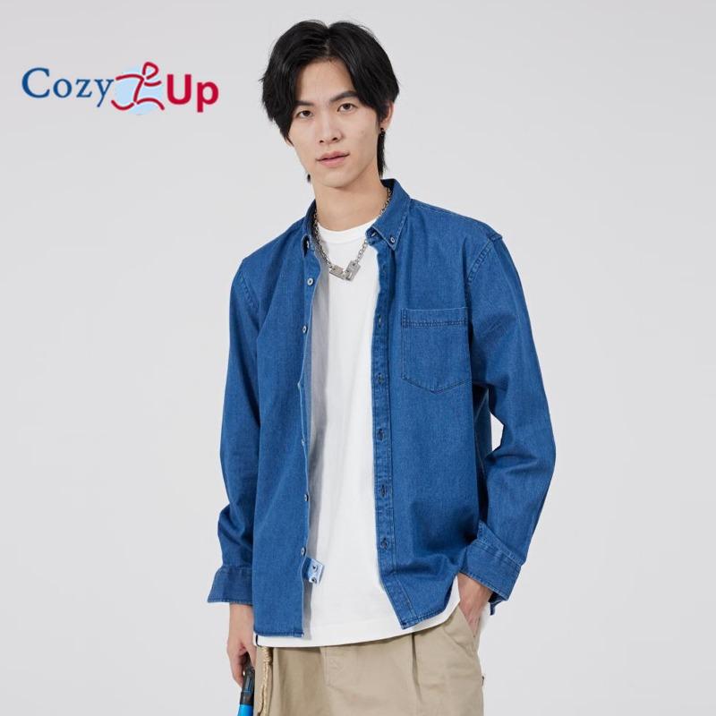 Cozy Up Herr Jeansskjortor Casual 100% Bomull Långärmad Skjorta med Knappar