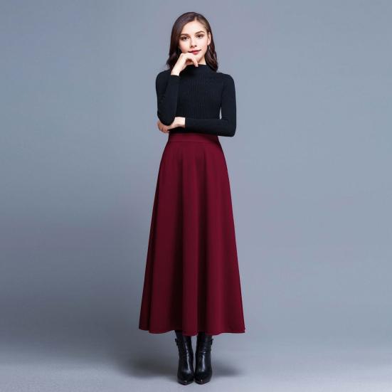 Falda maxi de las mujeres elástica de cintura alta dobladillo grande falda de una línea con bolsillos falda oscilante de color sólido ropa de calle
