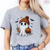 Little Boo Drinking Coffee Women T-Shirts Fashion Halloween Party Spooky Season Shirt Harajuku Graphic Tops Casual Streetwear
