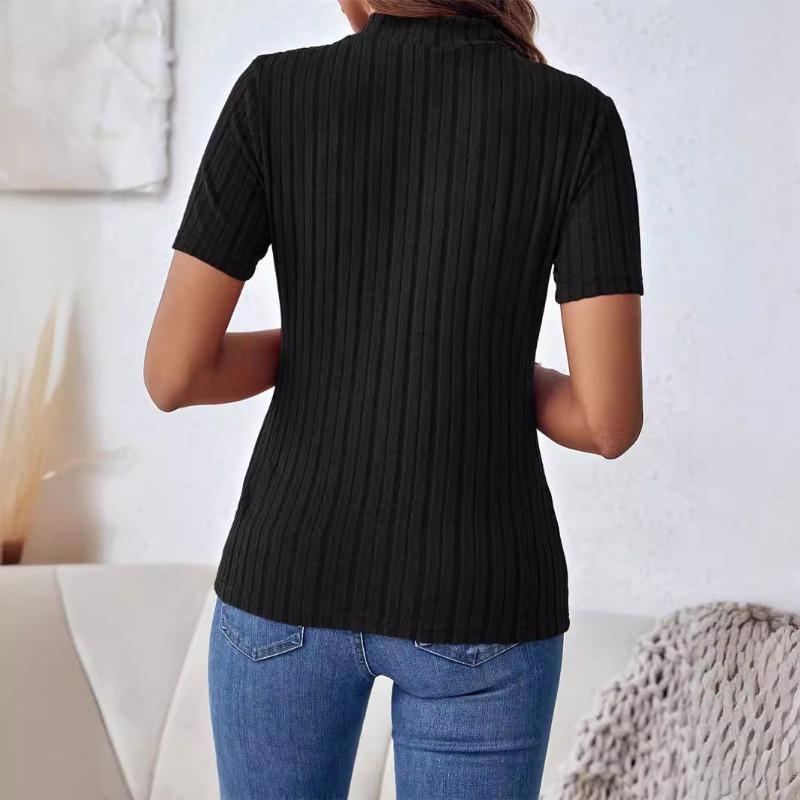 Modny, dopasowany krój, okrągły dekolt, damski T-shirt, damskie koszulki z krótkim rękawem, 2024, letni, swobodny, prążkowany, dzianinowy T-shirt, damski, elegancki, jednolity, damski T-shirt 24405