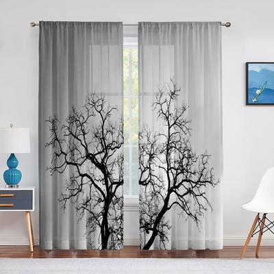 Tree Branches Print Grey Tulle Voile Curtains for Bedroom Window Curtain for Living Room Sheer Curtains Blinds Organza Drapes