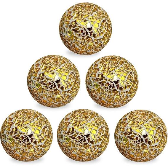 2.4 in Decorative Orbs Glass Balls Set of 6,Mosaic Sphere Globe for Whole Housewares,Wedding/Birthday,Bowls,Vases Dining Table Centerpieces (Gold)
