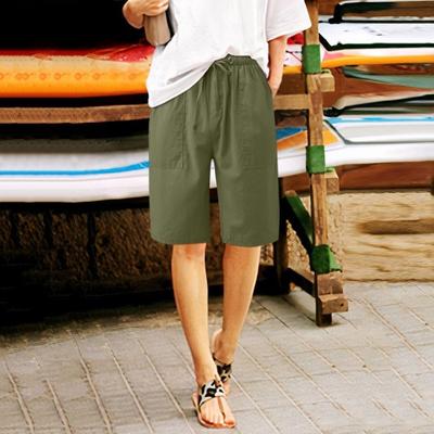 Women's Cotton Linen Summer Shorts Casual Wide Leg Drawstring Shorts with Pockets Knee Length Trunks for Outdoor Beach Vacation