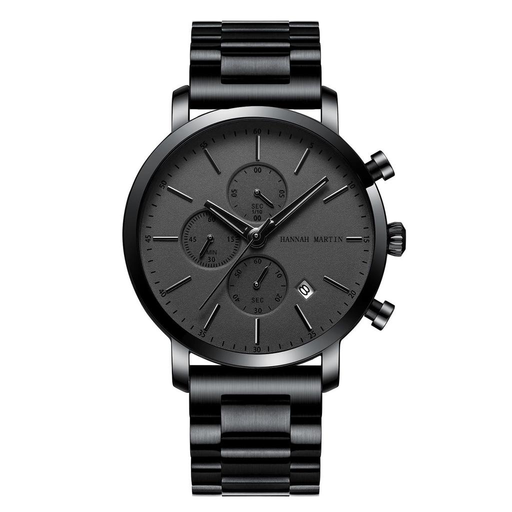 Hannah Martin Men's Chronograph Quartz Watch, Stainless Steel, Waterproof, Business, Stylish, Simple, Popular, Gift, Black