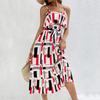 New elegant trend ruffle edge colorful geometric print suspender dress
