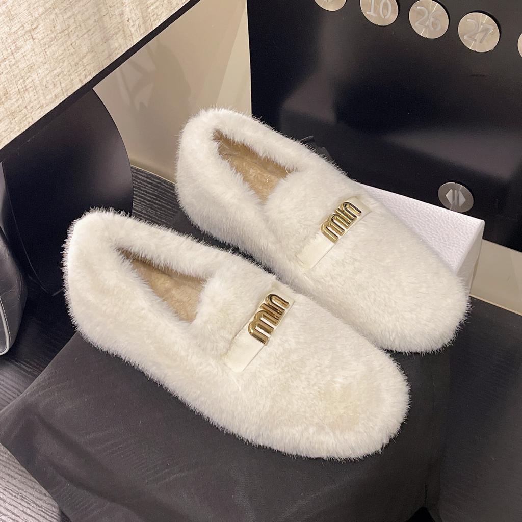 thick-soled fluffy shoes for women to wear in winter, lazy wind shoes, Korean version of one-pedal velvet warm cotton shoes, foreign style Doudou shoe