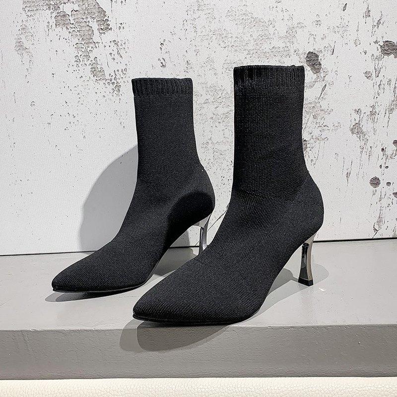 Fashion Knitted Sock Boots Autumn New Pointed Toe Sleeve Mesh Breathable Non-Slip Wear-Resistant Stiletto Heel Short Thigh Single Boots