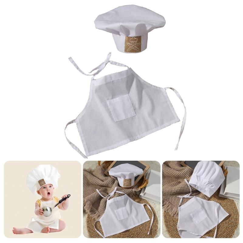 2Pcs/set Newborns Baby Cook Costume Set Photography Props Lovely Cooking Hat and Matching Apron for Photoshoots