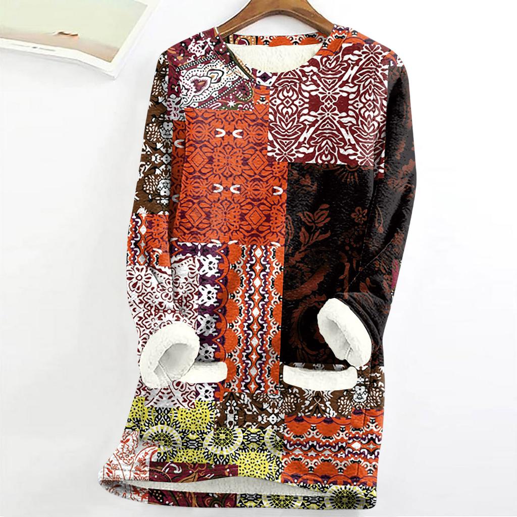 Dame Rundhals Topp Trykk Fortykket Plysj Kasjmir Varm Lang Topp