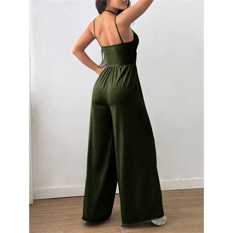Women's Halterneck Suspender Pleated Waist Backless Jumpsuit