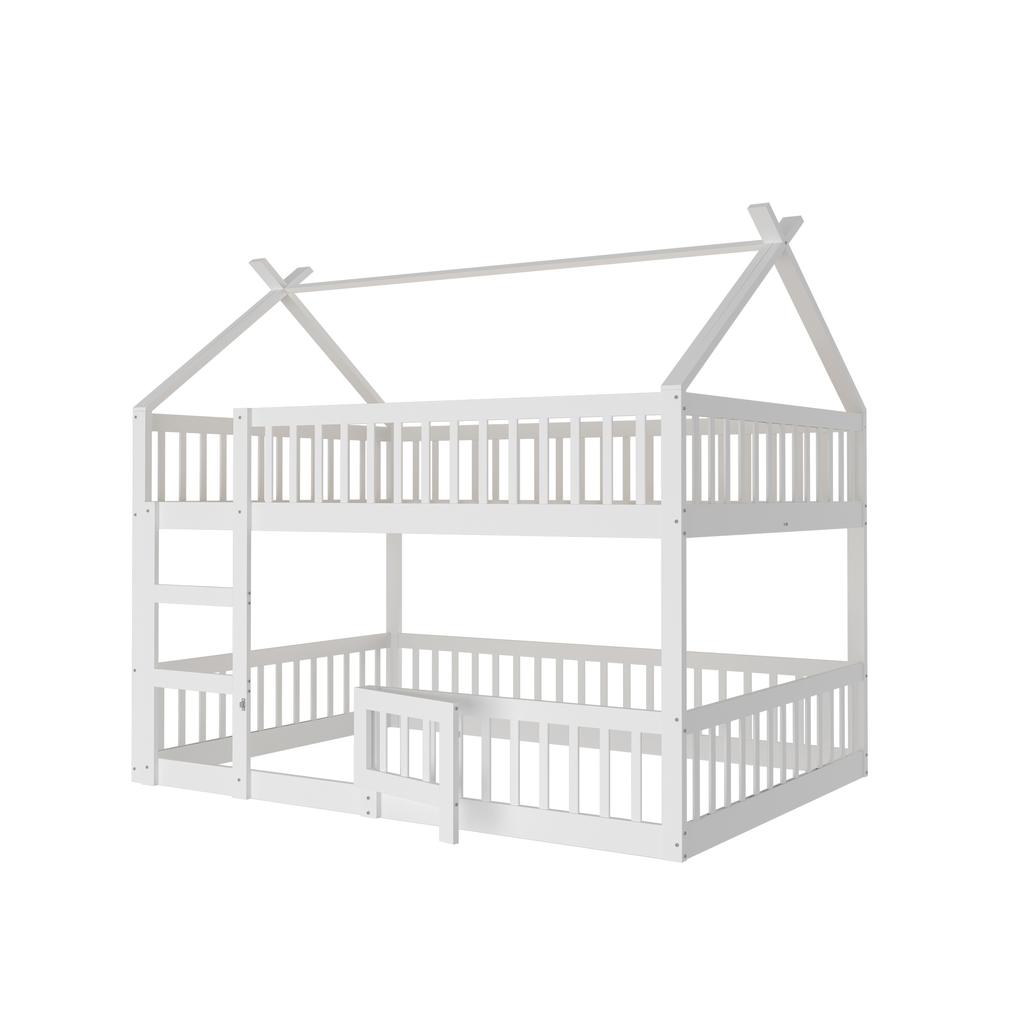 Children's Bunk Bed 140*200, Children's Family Bed, Bunk Bed with Staircase, Loft Design, Solid Wood Bunk Bed Frame, White