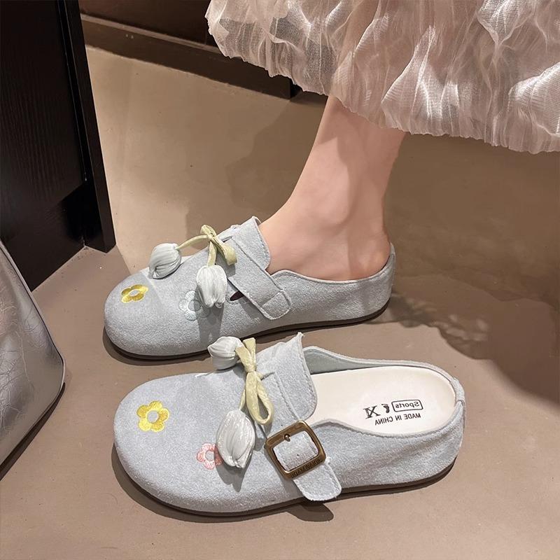 Retro flower women's shoes summer wear new lazy one pedal with skirt soft-soled bag head half slippers