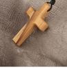 Hand-carved Tapered Wood Cross-shape Necklace Long Leather Rope Adjustable Olive Wood Pendant for Boys Girls Men Women
