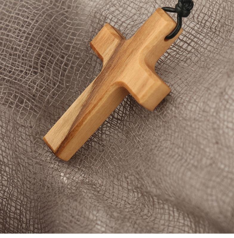 Hand-carved Tapered Wood Cross-shape Necklace Long Leather Rope Adjustable Olive Wood Pendant for Boys Girls Men Women