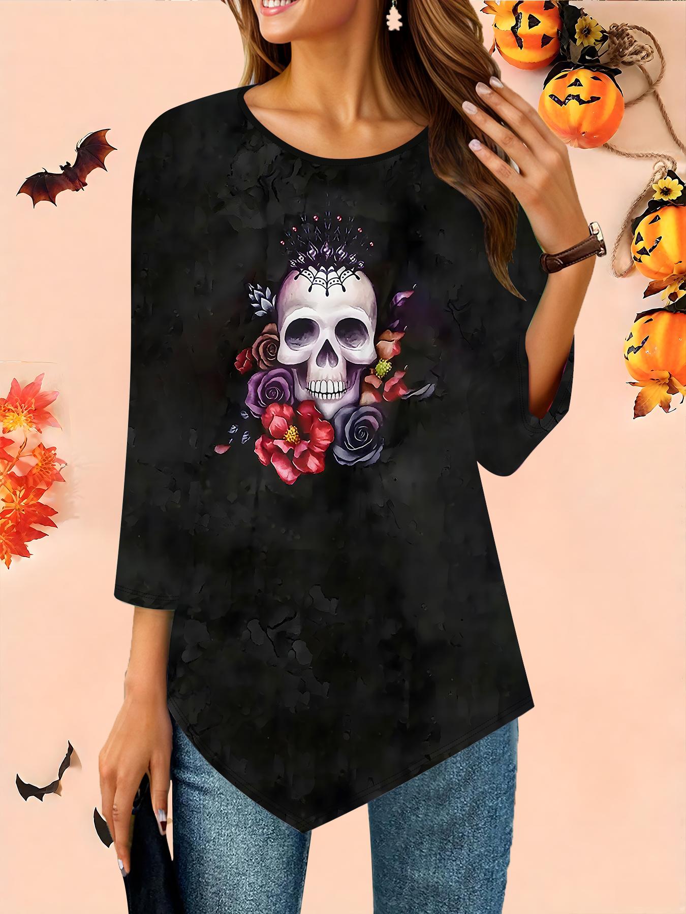 

Женская свободная футболка с круглым вырезом и рукавом три четверти, 3D-рисунок на Хэллоуин, идеальный подарок на Хэллоуин и Рождество XS чёрный