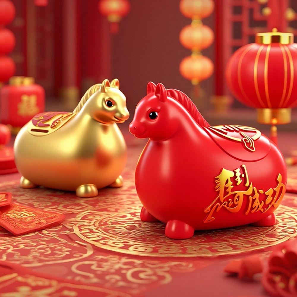 Zodiac Horse Cartoon Piggy Bank Gold Red Coin Saving Box Practical Pig Coin Jar Festive Occasions