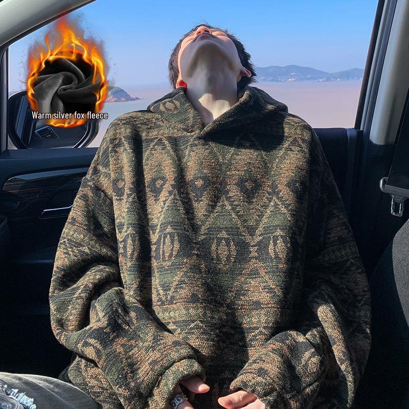 Herren Ethno-Stil Kapuzenpullover mit Fleecefutter - Herbst/Winter Pullover Trend