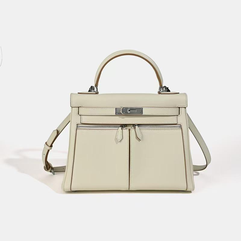 

Женская сумка из коровьей кожи с двойной молнией, новая сумка на плечо, большая вместительная сумка для поездок на работу, сумка-мессенджер для бизнеса в стиле легкой роскоши 28*12*22cm слоновая кость