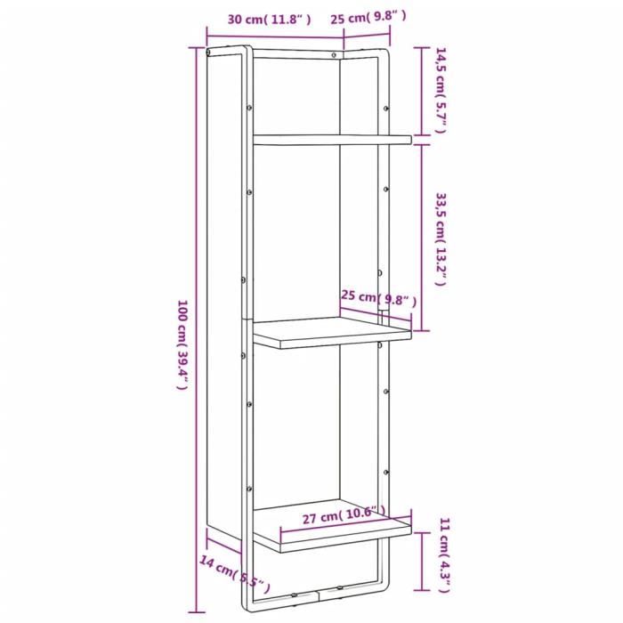 VidaXL Étagère murale 3 niveaux sonoma gris 30x25x100 cm 836306