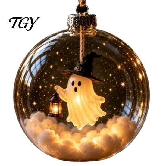 Spooky Pumpkin Ball Decor Halloween Clear Hanging Decoration, Glowing Sphere Ornament with Skeleton, Transparent Pumpkin, Spider Web, Black Cat Decor,
