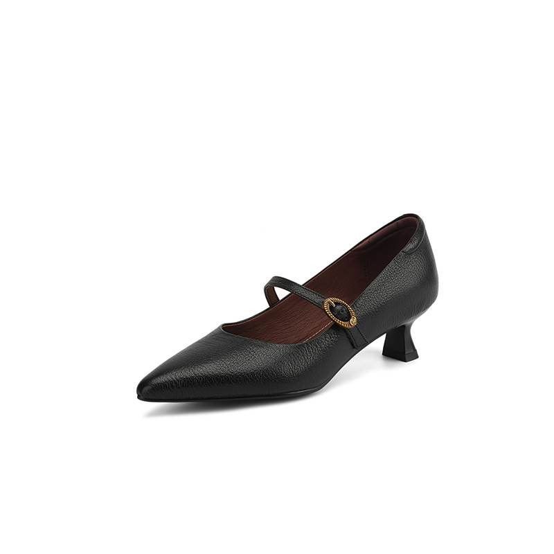 Krazing Pot Sheepskin Autumn Winter Shoes Thin Med Heels Size 43 Size 42 Pointed Toe Buckle Straps Shallow Pumps