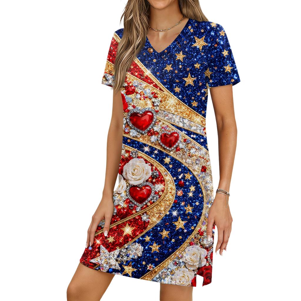 Women's Casual V-neck Short Sleeve Split Hem Independence Day Printed Dress