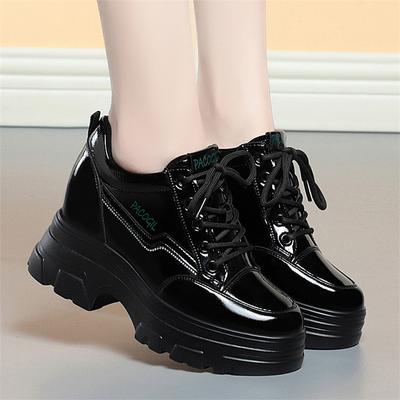 Spring Autumn Women's Fashion Platform Casual Sneakers Round Toe Black Flat British Style Patent Leather Comfort Shoes