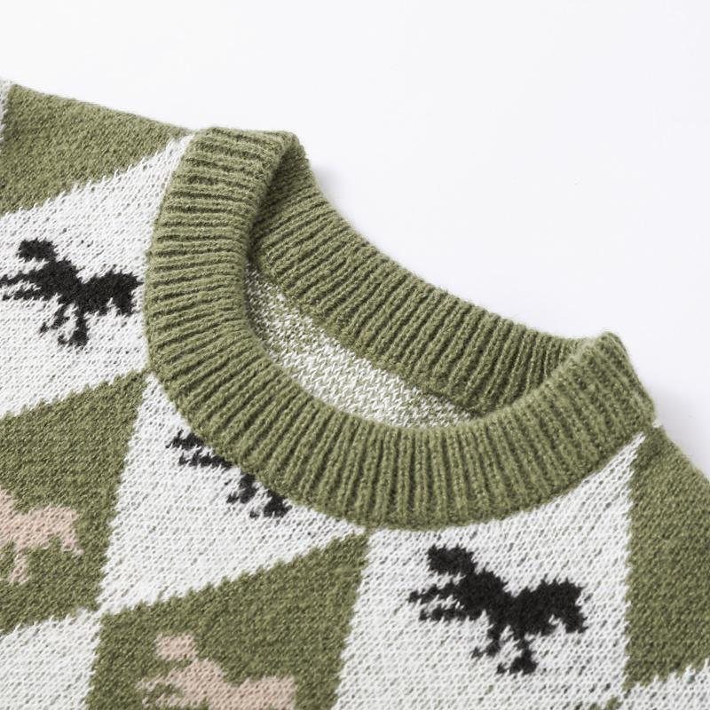 Contrast Jacquard Round Neck Sweater Women's Fashion All-match Green Sweater Diamond Style Sweater Women's Soft Skin-friendly Pullover