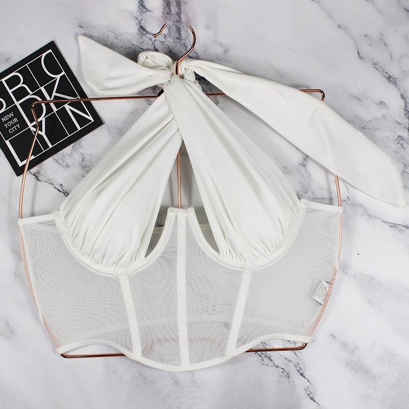 Y2K Sexy Hollow Women Halter Tank Tops Sleeveless Patchwork Mesh Camisole Clubwear Fashion Solid Vest Outfit