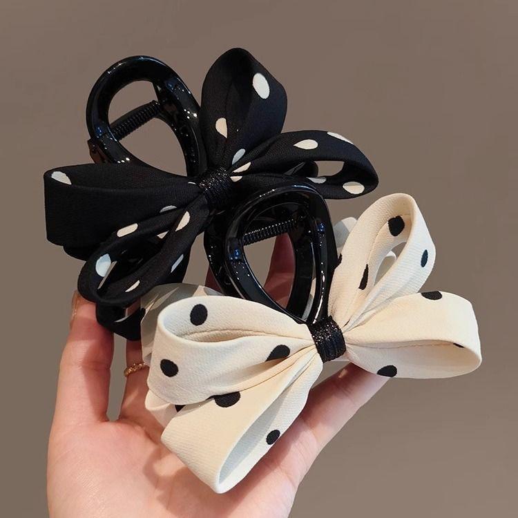 Korean Retro Polka Dot Black and White Bow Claw Clip