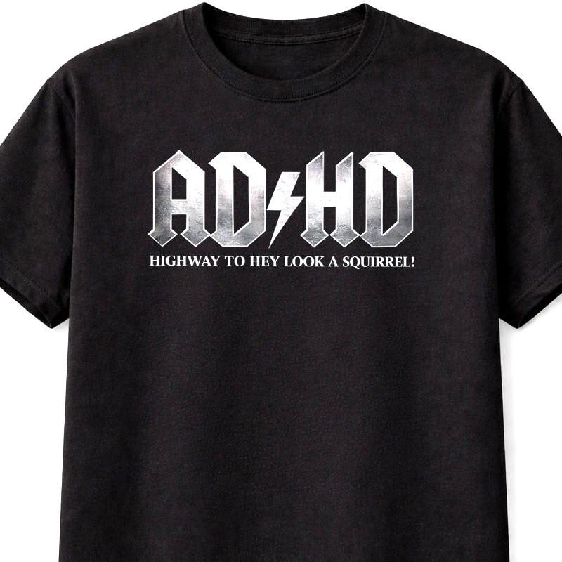 T-shirt TDAH Écureuil Drôle Parodie ACDC Rock Gothique Unisexe Noir Tee Graphique