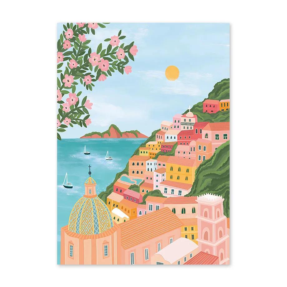 Santorini Lemon Coffee Flowers Abstract Landscape Posters and Prints Wall Art Canvas Painting Pictures For Living Room Home Deco