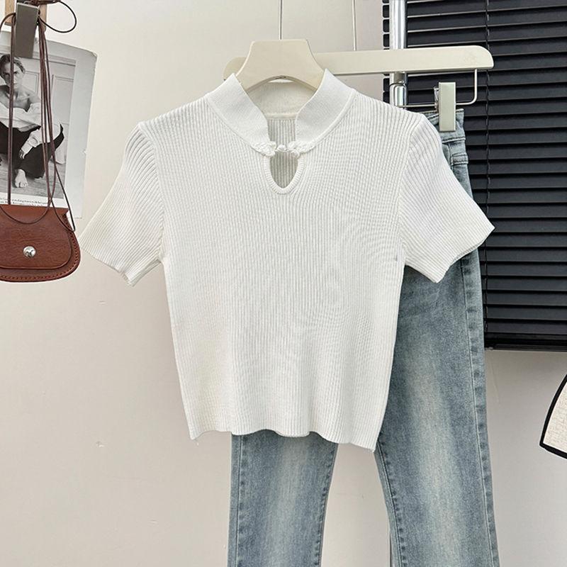 Chinese Style Button Up Stand Up Collar Knitted Sweater Women Spring Summer Tight Fitting Inner Layer Bottom Layer Temperament Short Sleeved Top