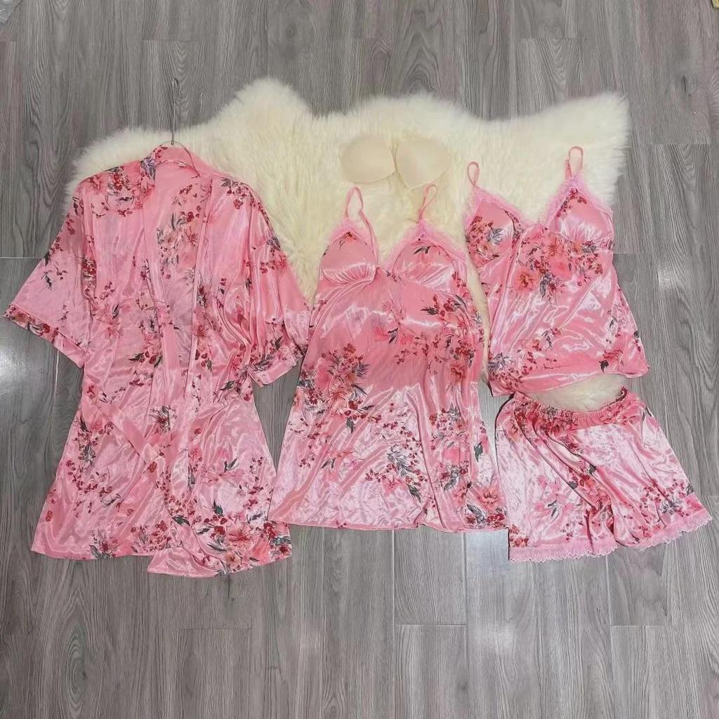 Sexy Pyjama-Set aus Eisseide für Damen – Sommer/Herbst 2023: Vierteilig, dünn, Brustpolster, Hosenträger, Nachthemd und Morgenmantel