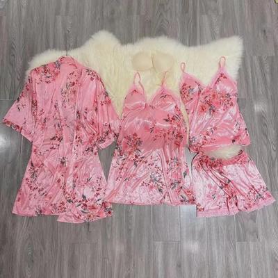 Women's Sexy Ice Silk Pajama Set - 2023 Summer/Fall: Four-Piece, Thin, Chest-Pad, Suspenders, Nightgown, and Robe