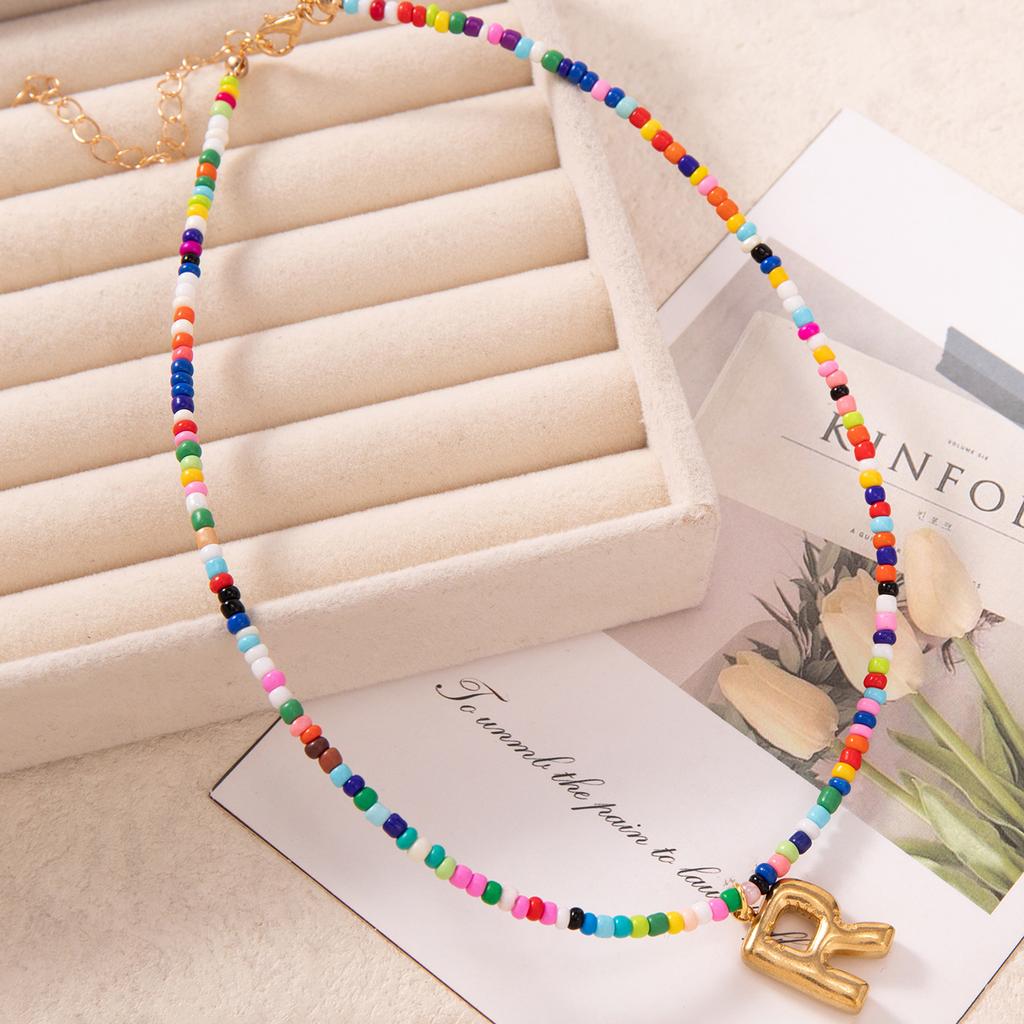 Bubble Alphabet Colored Rice Beads Handmade Beaded Delicate Beach Bohemian Necklace Collarbone Chain
