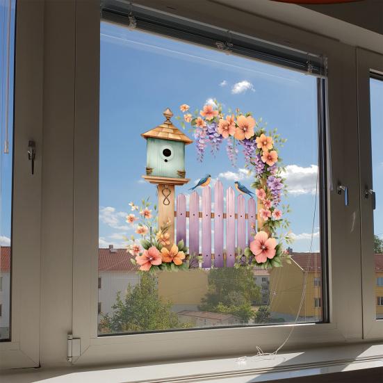 Frühlings-Fensteraufkleber Großer Zaun Vogelhaus Blumen Aufkleber Wiederverwendbar PVC Statische Glasaufkleber für Zuhause Büro Dekoration