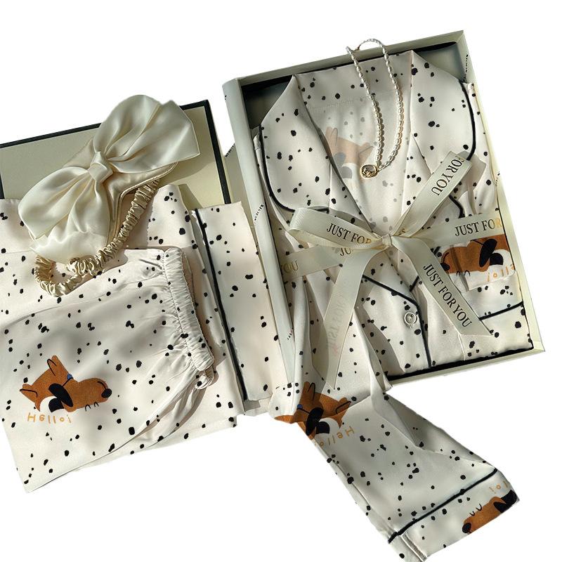 Ice Silk Thin Style Women'S Long-Sleeved Pajamas Spring And Autumn Cartoon Brown Puppy Polka Dot Print Loungewear