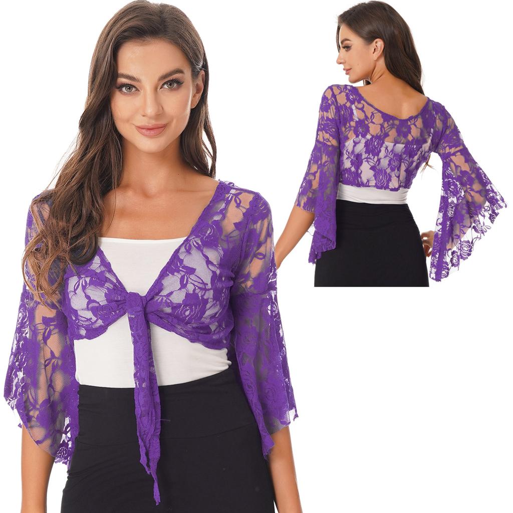 Buy Womens Long Flare Sleeve Belly Dance Top Floral Lace Bolero - Technical View