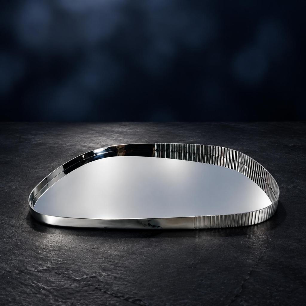 Display Tray with Ribbed Borderless Mirror Finish Serving Silver for Living Room, Dining Area,