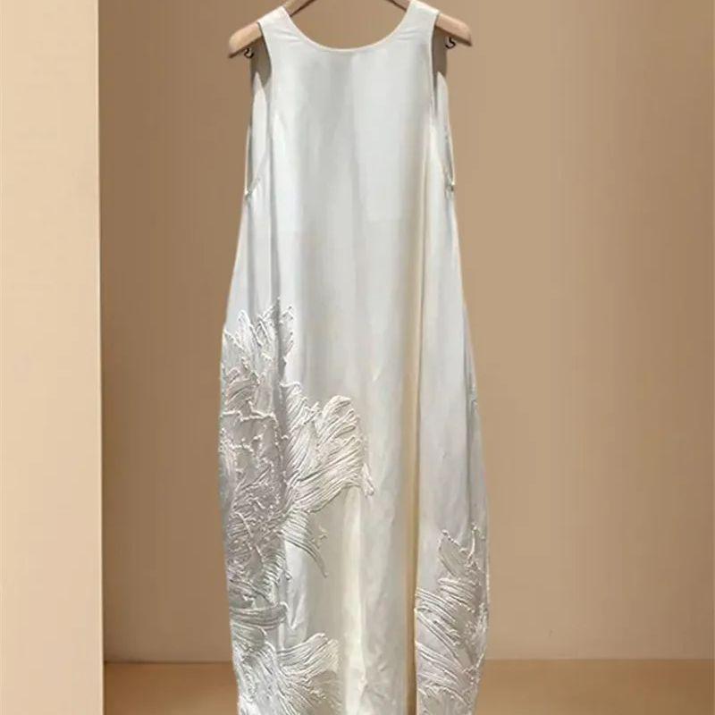 Women O-neck Backless Sleeveless Mid Dress Women Vest Dress Summer Loose Embroidery Suspender Dresses