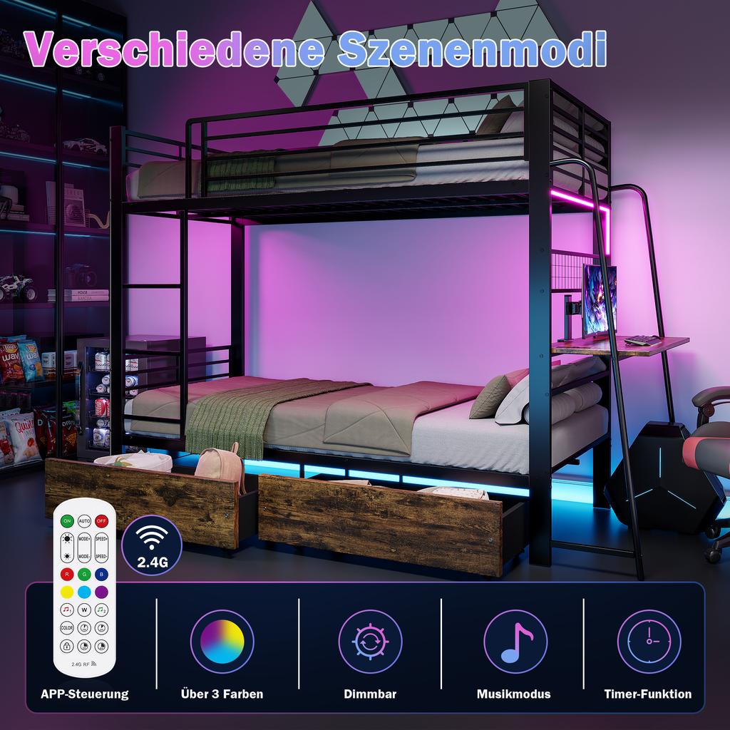 Metal Bunk Bed 90x200 Cm with Desk, LED Lighting and Storage Drawers, EN747 Tested, 250 Kg Load Capacity Per Level