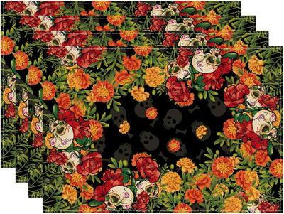 Zuckerschädel Ringelblumen Blumig Dia De Los Muertos Tag der Toten Mexikanische Tischsets Set von 4 Tischmatten für Küche Esstisch Dekorationen 12x18 Zoll