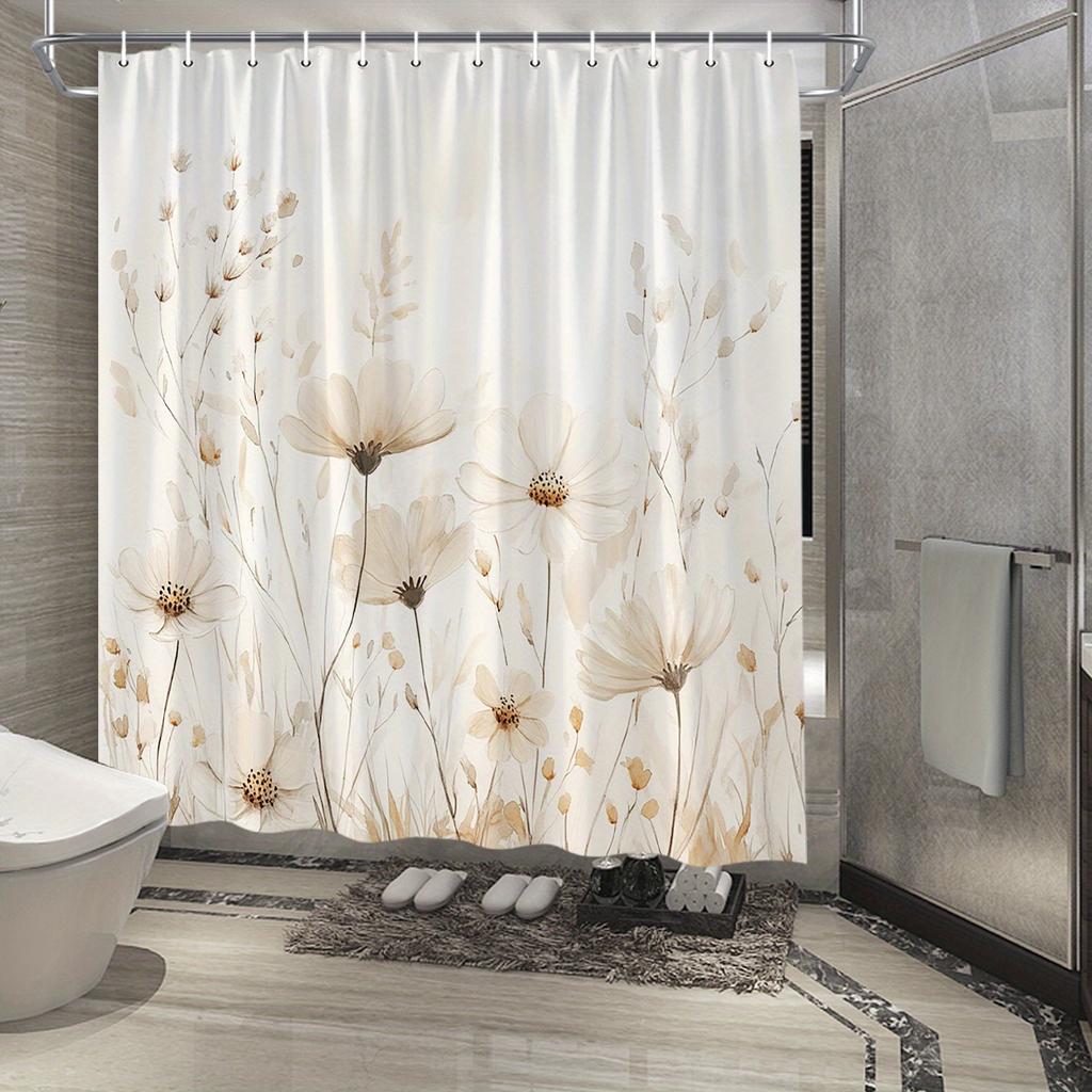 1pc Beige Floral Shower Curtain - Cosmos Flowers, Durable Polyester, 12 Hooks, 70.8x70.8In, Machine Washable