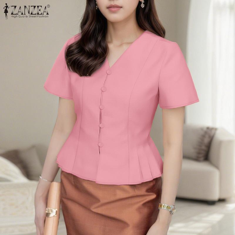 ZANZEA Women Casual V-neck Summer Short Sleeve Slim Blouse