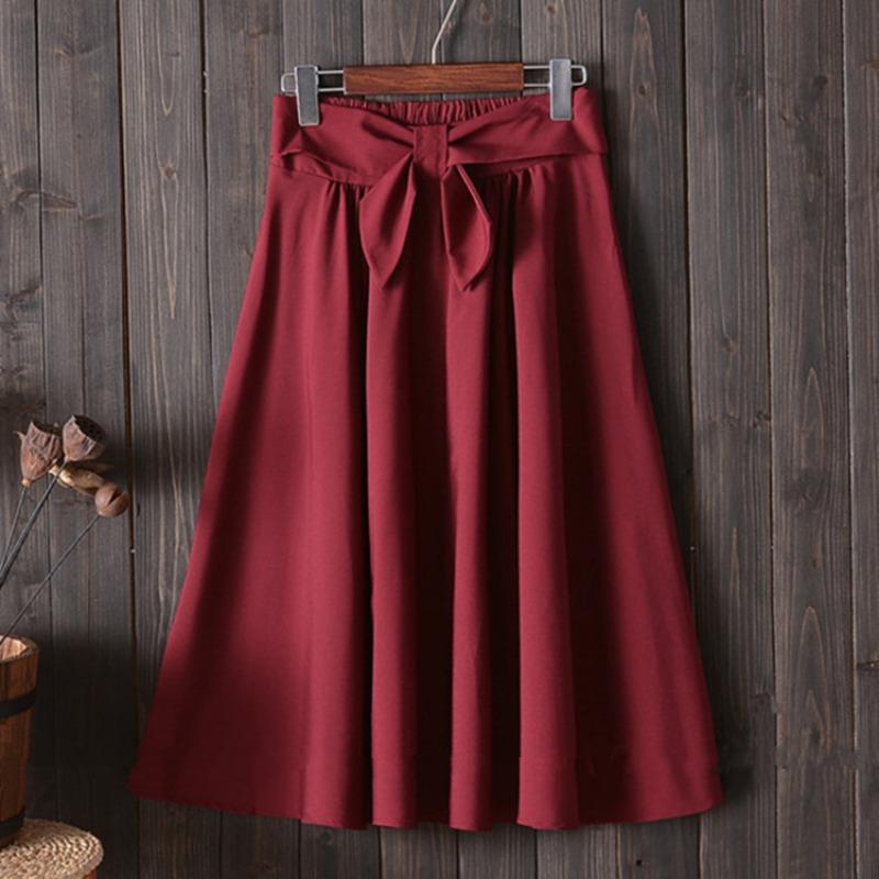 Lady's Elegant High Elastic Waist Pleated Skirts  Casual Bow Mid-calf Skirts