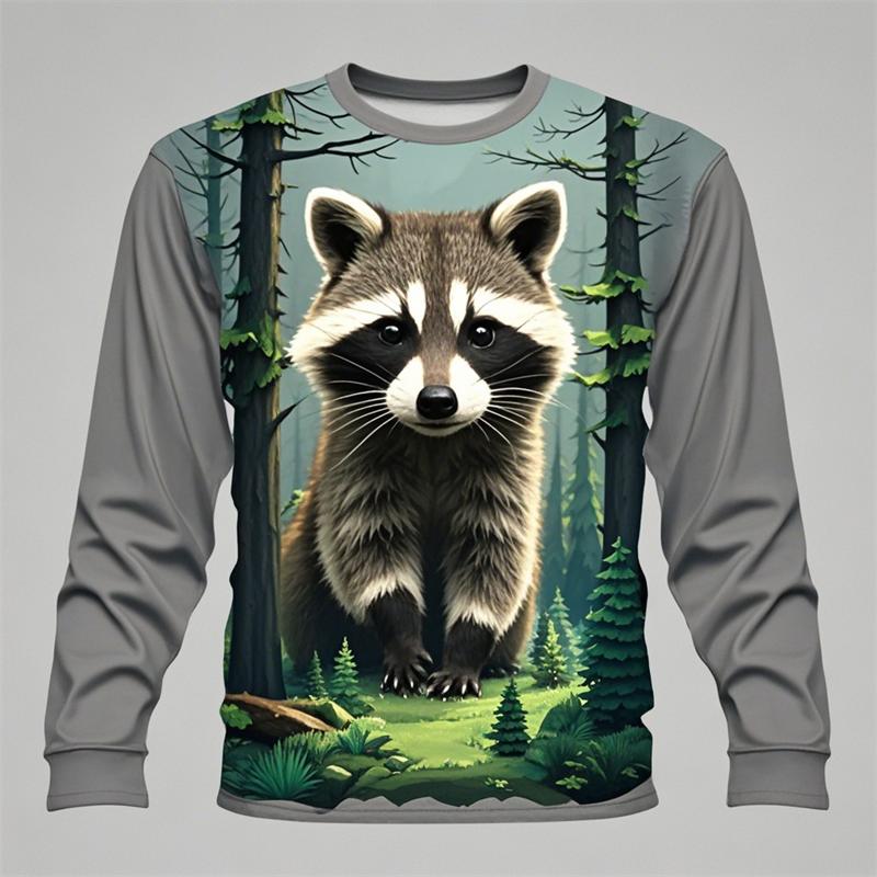 3D Print Cute Raccoon Graphic T-Shirt For Men Funny Animal Pattern Long Sleeve O-Neck Tees Loose Breathable Comfortable Man Tops
